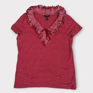 Lauren Ralph Lauren Red White Striped Ruffle V Neck Lace Up T Shirt XL Nautical